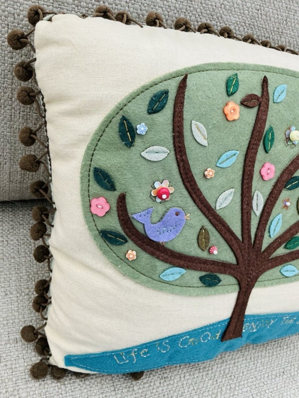 Whimsical Bird Tree Applique Throw Pillow Life Is Good 12x10 Pom Trim - Picture 2 of 6